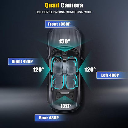 4 Channel Dash Cam Front and Rear Inside Left Right,2.4 Inch 1080P Dash Camera for Cars Car Camera with IR Night Vision,Loop Recording,G-Sensor,Parking Assistance,24H Parking Monitor