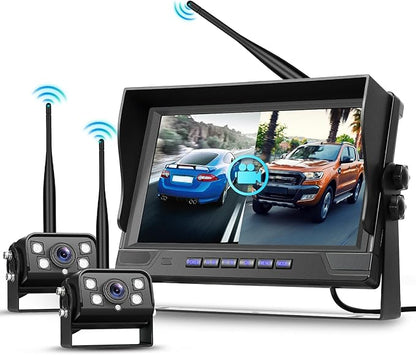 Hodozzy Wireless Backup Camera Digital System Kit, 9 Inch Dual Split Screen Monitor with Blind Spot Warning, IP 68 Waterproof 2 Backup Camera, Recording,Night Vision,Loop Record Trucks/RV/SUV