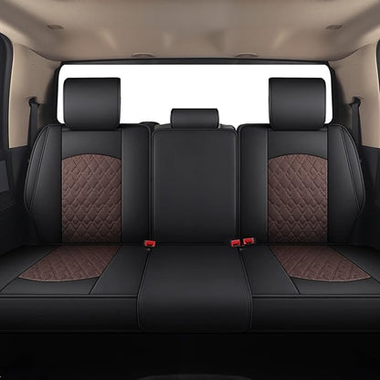 JOJOBAY Car Seat Covers for Dodge Ram Full Set,Fit Ram 2009-2025 1500/2500/3500 Pick-up Truck,Crew,Regular,Quad,Mega Cab,Waterproof Leather Seat Covers Protectors（5PCS Full Set,Black-Brown）