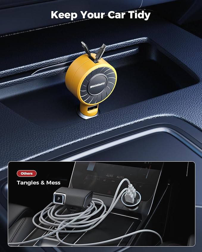 SUPERONE 3-in-1 Car Charger with Retractable Cords, USB C Charger Car Adapter Compatible with iPhone 16/15/14/13/12/11 Pro Max Samsung Android Phones