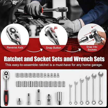 Sundpey 132-PCs Car Tool Kit - Portable General Basic Home and Automotive Repair Tool Set with Drawer for Men Women with Hook & Pick & Fastener & Valve Stem Removal Tools for RV Truck Motorcycle Bike