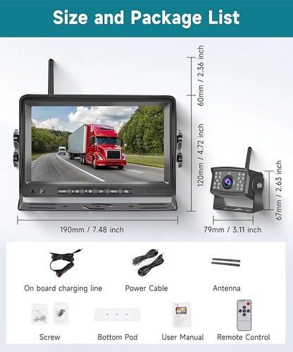 Wireless Backup Camera for RV, 7" IPS Monitor Kit AHD Rear View Camera Waterproof Night Vision DVR Recording, Wireless Reverse Camera 12V-36V for Truck/Trailer/RV/Camper/Excavator/Caravan