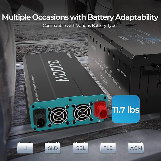 Renogy Inverter P2 2000W Pure Sine Wave Inverter 12V DC to 110V AC Converter, Off-Grid Solar Power Inverters for Vehicles, Truck, RV, Home, with Built-in 5V/2.1A USB / Hardwire Port, Remote Controller