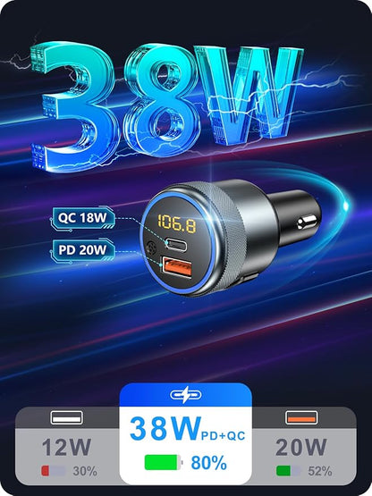 LENCENT Car FM Transmitter, Wireless Bluetooth 5.1 Radio Adapter Car Kit with Big Button, Type C PD 20W and QC3.0 18W Car Fast Charger, Bass Lossless Hi-Fi Sound Music Streaming, Wireless Call