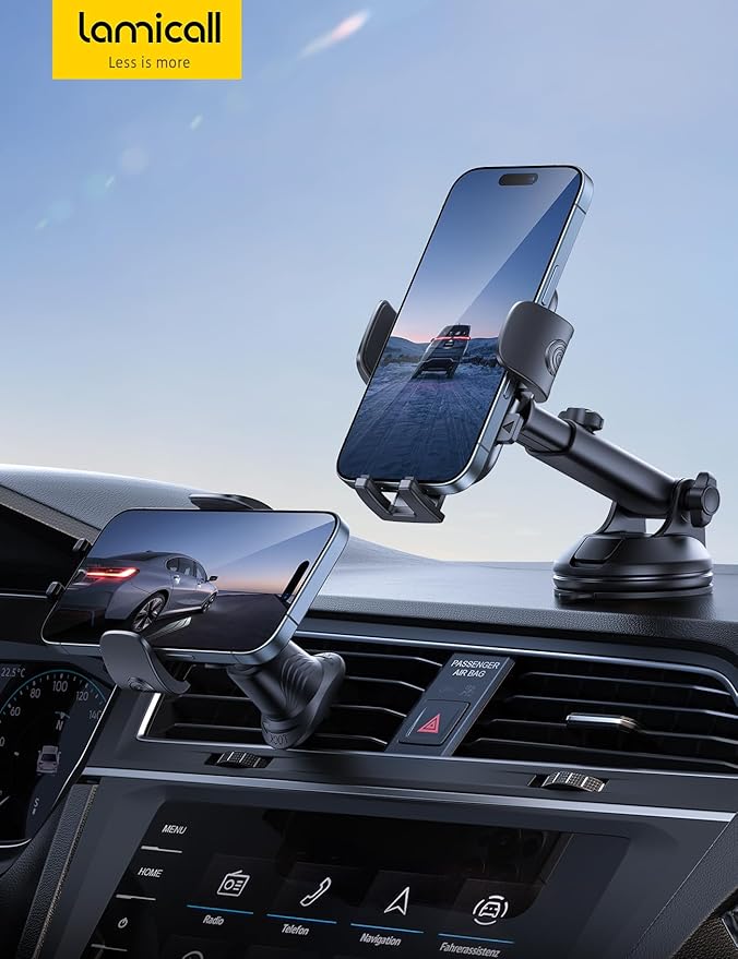 Lamicall Car Phone Holder Mount [3-in-1 Military-Grade Suction Cup] 360° Rotation Phone Holders for Your Car [Metal Hook] Cell Phone Car Mount Dashboard Vent Windshield Smartphone LeatherGrain