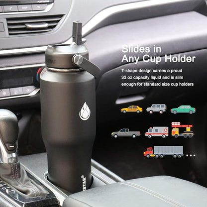 SENDESTAR Water Bottle 32oz,2 Lids(Straw lid),Wide Mouth Stainless Steel Vacuum Insulated Double Wall Keep Liquids Cold or Hot All Day,Sweat Proof Sport Design,Fit Car Cup Holder(Black)