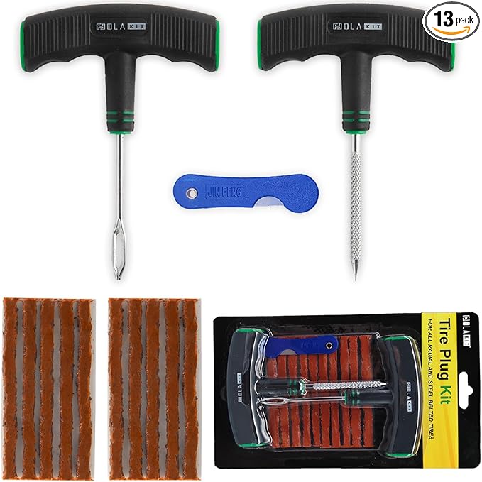 HolaKit Tire Plug Kit, 13PCS Tire Repair Kit with Self-Vulcanizing Plugs, Ergonomic Oversized & Rubber-Grip T-Handle Tools, Flat Tire Puncture Repair Tools for Cars, Motorcycle, ATV, SUV, etc