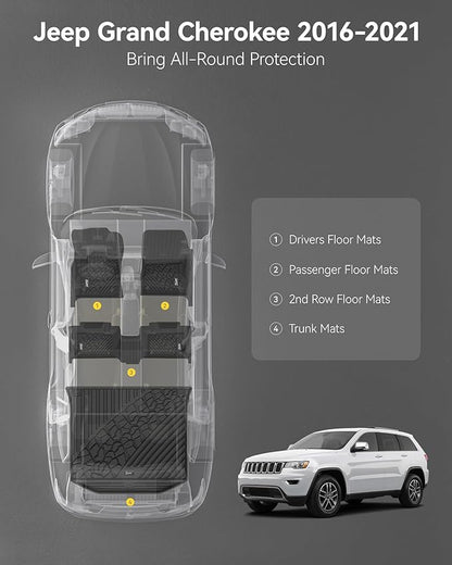 3W Floor Mats & Cargo Liner Fit for Jeep Grand Cherokee 2016-2021/ Grand Cherokee WK 2022 2023 (Non L), TPE All Weather Custom Fit 1st and 2nd Rows Car Mats and Trunk Liner, Black