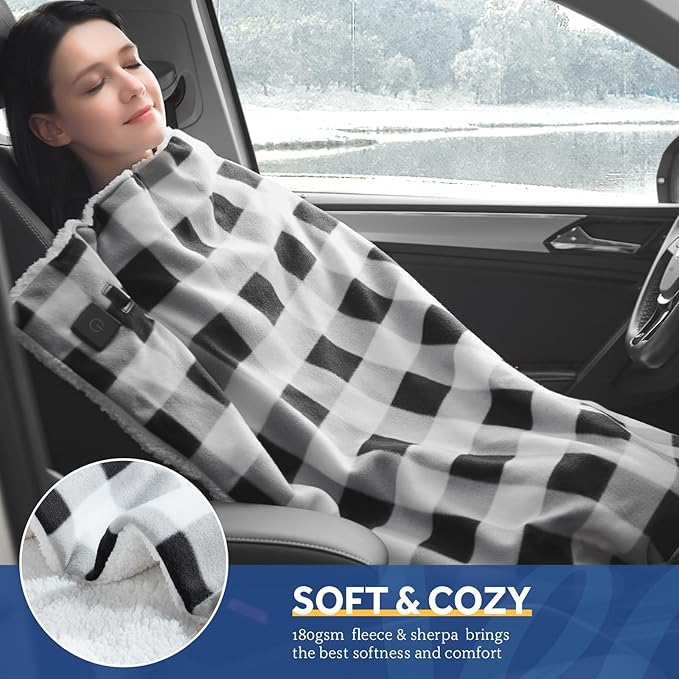 Sealy 12-Volt Heated Car Blanket with 2 USB Output Ports, 3 Heating Levels & 4 Hours Auto Off, Electric Blanket for Car, Truck, SUV, RV or Camping, Machine Washable, 59" X 43", Plaid