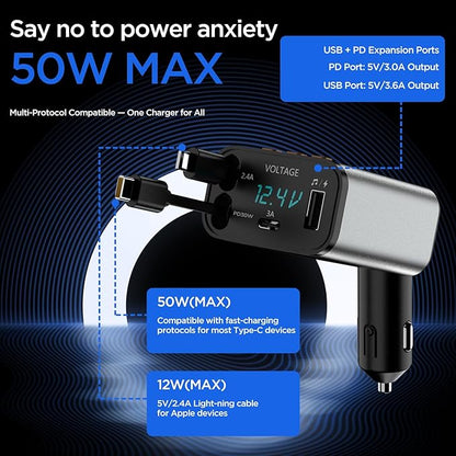 Bluetooth Car Adapter,5 in 1 Retractable Car Phone Charger with Bluetooth 5.3 FM Transmitter,Handsfree Call and MP3 Player,2 Retractable Cables and USB PD Charging Adapter for Cars Phone,Galaxy,Pixel