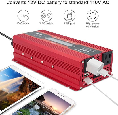 Power Inverter 1000W/2000W (Peak) Dual AC Outlets and Dual USB Charging Ports DC 12V to 110V AC Car Converter with Digital Display