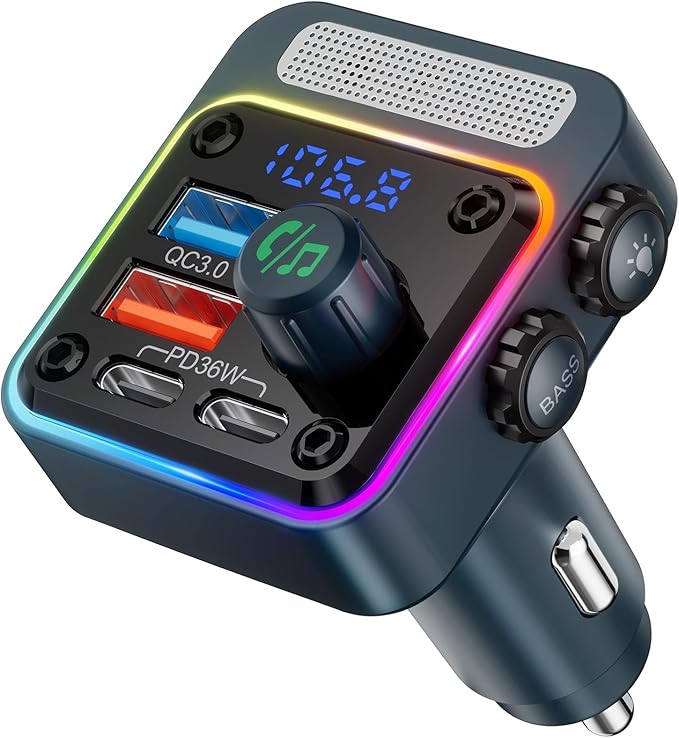 Nulaxy 54W Bluetooth 5.3 Car Adapter with 4 Charging Ports [PD 36W & QC3.0 18W], Wireless Radio FM Transmitter with Deep Bass Player & 5 Colors LED Backlit, Hands-Free Calling - Blue