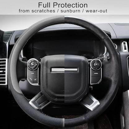 COFIT Breathable Car Steering Wheel Cover 16 inch Auto Universal Leather Wrap Non-Slip Steeringwheel Protector Automotive Interior Accessories, Grey (Suit for 15.5-16 inch)