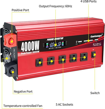 4000W Power Inverter 12V to 110V/120V DC to AC with LCD Display, Remote Controller 5 x AC Outlets and 4 x 3.1A USB Car Adapter for Car Truck Boat RV Solar System