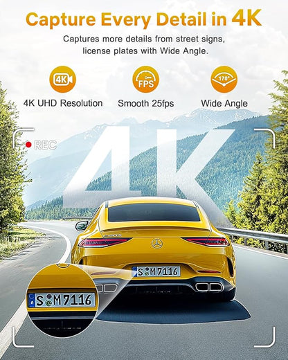 GKU 4K Dash Cam,Dash Cam Front with UHD 2160P, DashCam Built-in WiFi, 24H Parking Monitor,Night Vision,WDR,170° Wide Angle,Loop Recording,G-Sensor,DashCam Includes 64GB Card (Black)