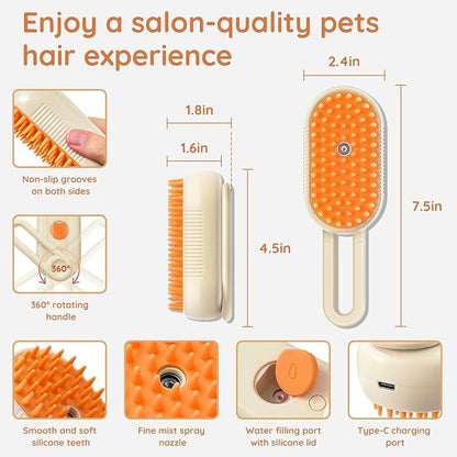 GKZ Cat Steam Brush, 3 in 1 Pet Comb for Massage, Cleaning, Shedding and Combing, Electric Mist to Prevent Flyaways for Home, Dogs and Cat Lovers - Khaki