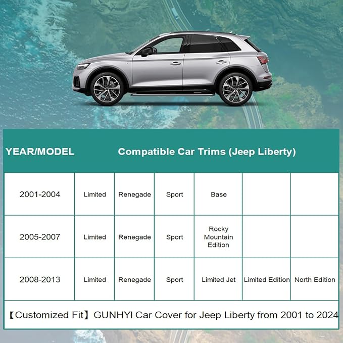 Premium Car Cover Custom Fit Jeep Liberty (2000-2025), 16 Layers Heavy Duty Car Cover Waterproof All Weather with Zipper Door for Sun Rain Snow Dust Uv Protection