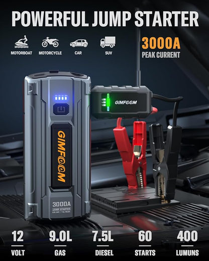 Car Jump Starter, 3000A Jump Starter Battery Pack for Up to 9.0L Gas or 7.5L Diesel Engine, 12V Car Battery Jump Starter, Jump Box with LED Light, Storage Case, and Dual USB Output.