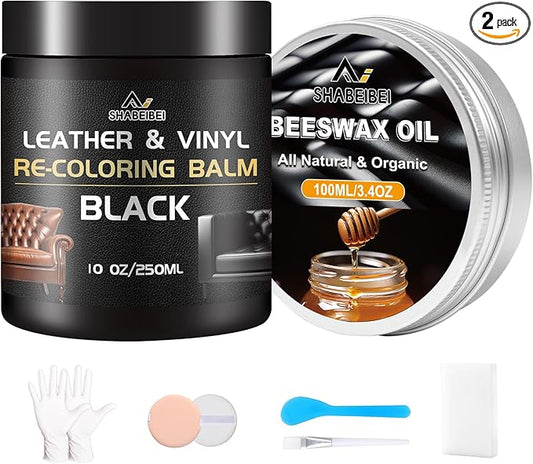 Leather Repair Kit Recoloring Balm Cleaner Conditioner Waterproof Beeswax Oil for Car Seat Furniture Couch Shoe Leather Vinyl(Black)