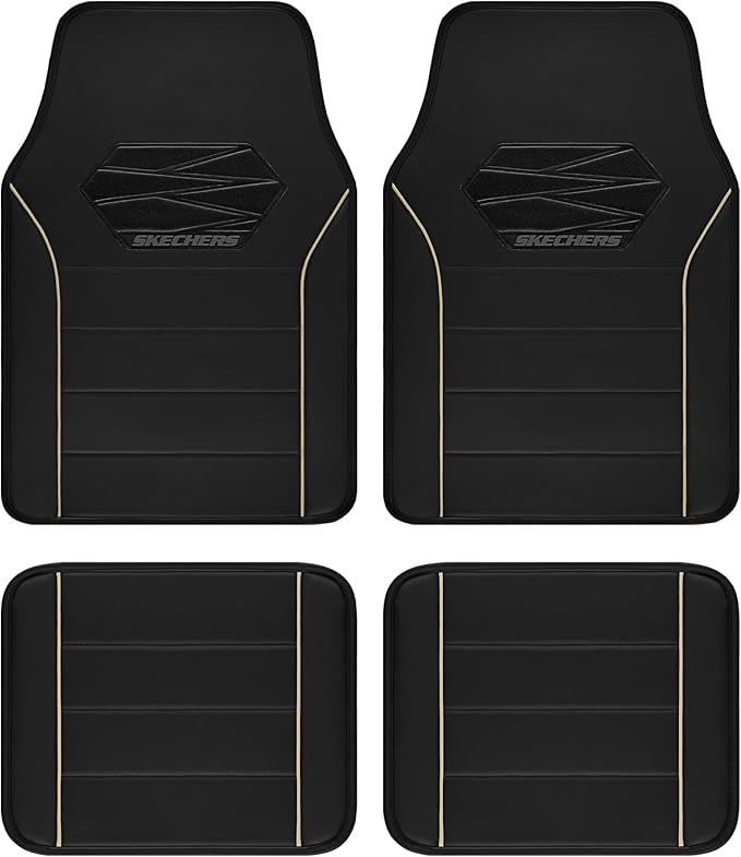 Skechers Memory Foam Car Mats, Leather Piping with Anti-Slip Pad, Universal Waterproof Fit Automotive Floor Mats for SUV, Vans, Sedans, Trucks, Full Set 4pcs Beige