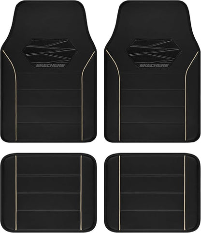 Skechers Memory Foam Car Mats, Leather Piping with Anti-Slip Pad, Universal Waterproof Fit Automotive Floor Mats for SUV, Vans, Sedans, Trucks, Full Set 4pcs Beige