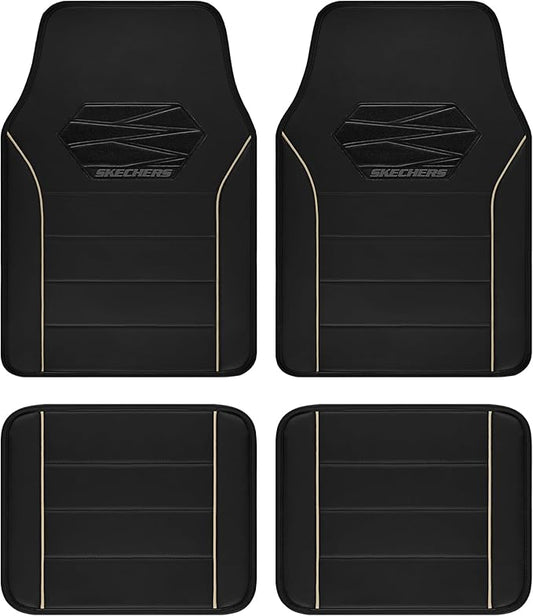 Skechers Memory Foam Car Mats, Leather Piping with Anti-Slip Pad, Universal Waterproof Fit Automotive Floor Mats for SUV, Vans, Sedans, Trucks, Full Set 4pcs Beige