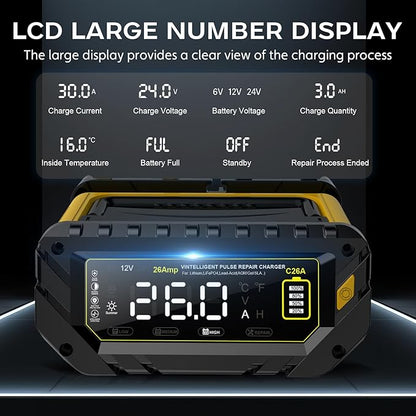 Battery Charger 0-26A 6V/12V/24V Lithium LiFePO4 Lead Acid, Fully Automatic Car Battery Maintainer, Smart Trickle Charger, Automotive w/Pulse Repair for AGM, STD, Gel, Deep Cycle Batteries ﻿