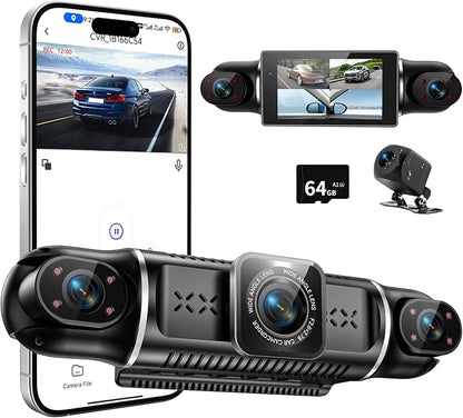 Dash Cam 4 Channel 360° Coverage - Front 4K + Triple 1080P HD Car Camera Built-in WiFi Car Camera with App, G-Sensor/Night Vision/Parking Mode/Loop Recording Free 64GB SD Card