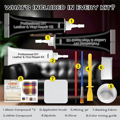 Black Leather & Vinyl Repair Kit, Fix Fading, Tears, Scratches, and Peeling on Leather and Vinyl Furniture, Car Seats, and Jackets, Easy Instruction with Color Mixing Guide