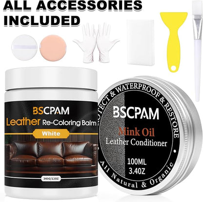 12oz Leather Recoloring Balm & 3.4oz Mink Oil Leather Conditioner kit,White Leather Color Repair Kits for Couches, Leather Couch Paint Scratch Repair for Furniture Car Sofa Shoes Leather Dye