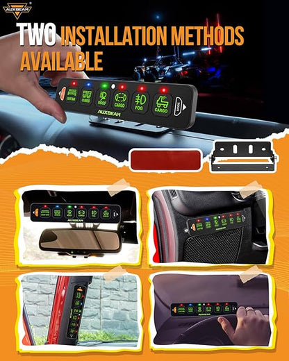 Auxbeam 6 Gang Slim Switch Panel RGB AS-R60 Toggle Momentary Pulsed Dimmable Backlight Multifunction Switch Panel with Memory Function for 12-24V Truck Offroad Car Marine Waterproof