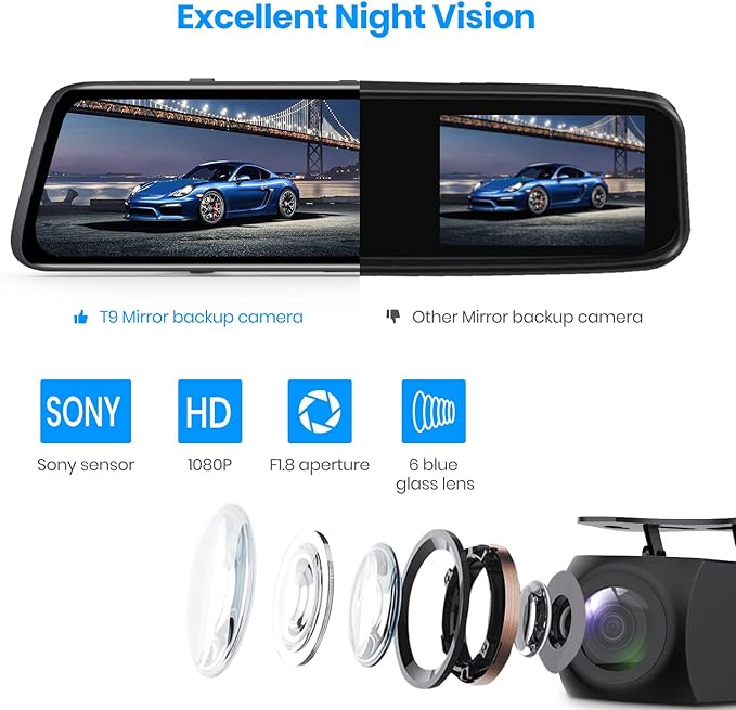 9.35''1080P OEM Rear View Mirror Camera: Recording Wide View Back Up Camera for Cars, Smart Full Touch Screen Stream Media Backup Camera with Super Night Vision for Trucks,Vans, SUVS (AUTO-VOX T9)
