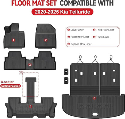 Floor Mats for Kia Telluride 2020-2024 2025 7-seat/8-seat Trunk Mat with Backrest Mat, All Weather TPE Cargo Liner Back Seat Cover Protector for 2025 Kia Telluride Car Accessories