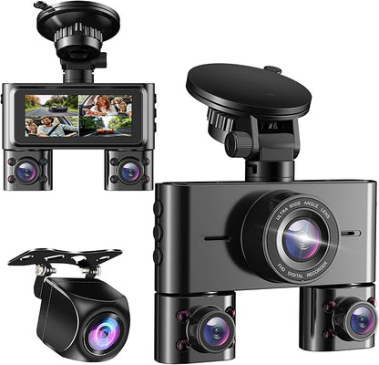 360° Dash Cam Front and Rear Inside, 4 Channel Dash Camera for Cars FHD 1080Px4, Built-in Wi-Fi, 3.16” IPS Screen, WDR Night Vision, Voice Control, Included 64GB Card, 24H Parking Mode