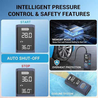 AVAPOW AP18 Tire Inflator Portable Air Compressor, 300% Faster 150 PSI Cordless Air Pump with Tire Pressure Gauge, 3.7″ Dual LCD Screen, Auto-Shuts Off Tire Pump for Car, Motorcycle, Bicycle, Purple