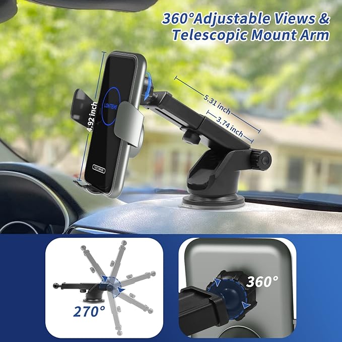 15W Fast Car Mount Charger, Charging Wireless Car Charger Phone Mount Phone Stand, Car Charger for iPhone 15 14 13 12 11 Pro Max, Samsung etc Windshield Dashboard Air Vent Auto Clamping Phone Holder