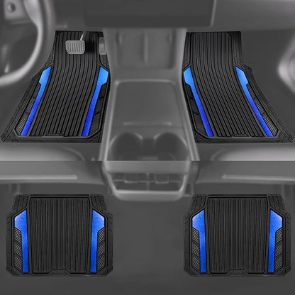 CAR PASS Heavy Duty Rubber Car Mats Metallic,Aluminum Film All Weather Floor Mats Waterproof Universal Trim to Fit Automotive SUV Sedan Van 4 Piece Anodized Deep Dish Two-Tone Sporty Black Blue Chrome