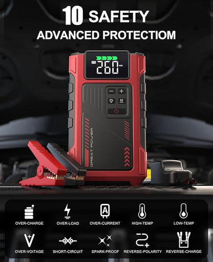 4000A Car Jump Starter with Air Compressor, Portable Charger Jumpstart 12V Vehicle, Power Pack with 150PSI Tire Inflator for 9.0L Gas/7.5L Diesel Engines Jump Box with Light and Jumper Cable