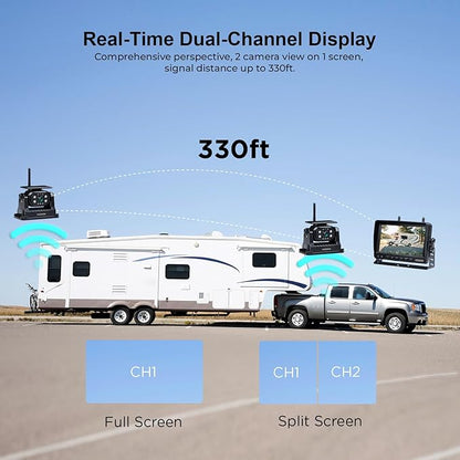 2 Magnetic Wireless Backup Camera with 7'' HD 1080P DVR Monitor System, 9600mAh Rechargeable Waterproof Dual Solar Reverse Camera for Hitch Towing Car Trailer Truck RV VN007