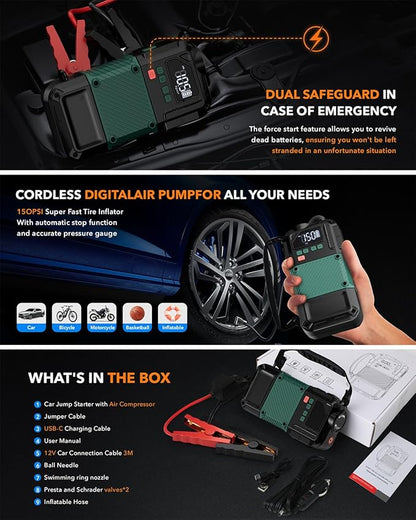 Portable Car Jump Starter with Air Compressor - 3000A/150PSI, 12V Portable Jump Box for 5.0L Diesel & 8.0L Gas, Compact Battery Jump Pack, Extended Smart Jumper Cables, USB Outputs, and Lights