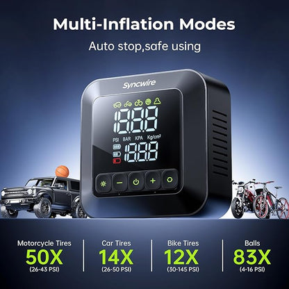 Syncwire Tire Inflator Portable Air Compressor 150PSI Air Pump for Car Tires [3X Faster] Inflation Electric Smart Tire Pump with Extra-Large LCD Dual Value Display [Free Car Tire Valve Caps], Auto-Off