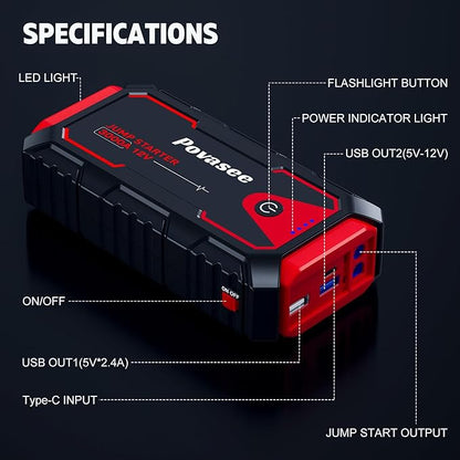 Jump Starter 3000A Car Jumper Starter, 12V Jump Box for Car Battery up to 10L Gas or 8L Diesel Engine Battery Jumper Starter Portable with Power Bank/Dual Output/LED Light