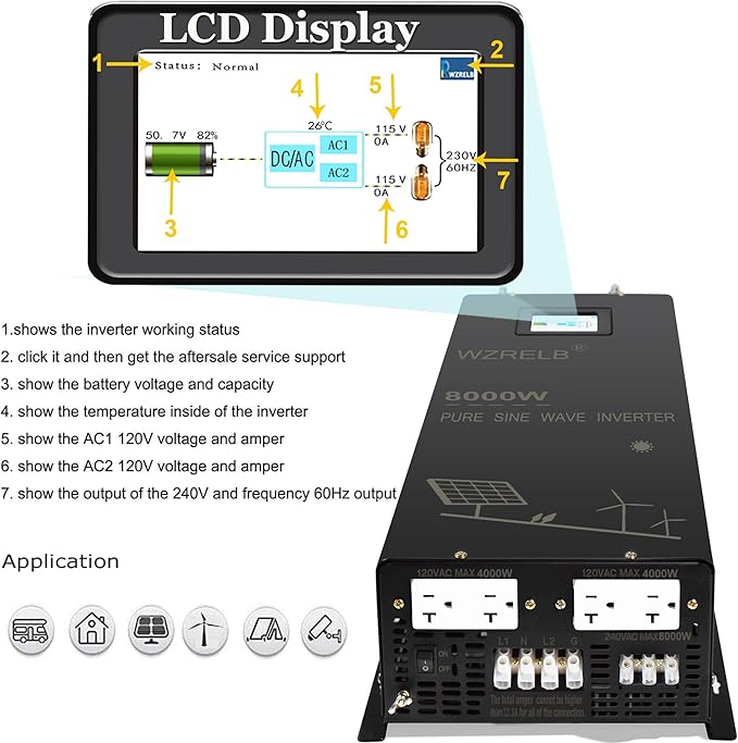 WZRELB 8000W 48V Pure Sine Wave Inverter,48 Volt DC to AC 120V 240V Split Phase Power Inverter,2*AC Hardwire Terminal,16KW Surge,High Efficiency up to 91.6% with LCD Display