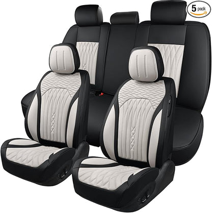 Car Seat Covers Full Set, Leather Seat Covers for Cars, Car Seat Protector Waterproof, Non-Slip Car Interior Covers Fit for Most Cars, SUV, Vans, Trucks,5Seaters,Full Set,Black-White
