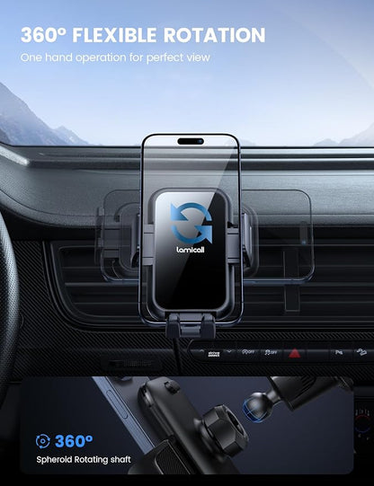Lamicall 2025 Wider Clamp & Metal Hook Car Phone Holder Vent [Thick Cases Friendly] Phone Holders for Your Car Mount Automobile Hands Free Cradle Vent for iPhone 15 14 13 Pro Max (Lucite Black)