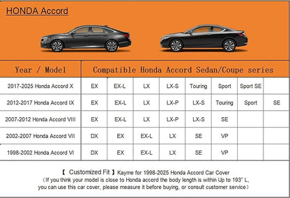 Kayme 6 Layers Car Cover Custom Fit for Honda Accord Sedan/Coupe (2001-2025) Waterproof All Weather for Automobiles, Outdoor Full Cover Rain Sun UV Protection with Zipper Cotton/Silver