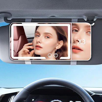 Car Sun Visor Vanity Mirror, Dimmable Touch Screen Makeup Mirrors with 3 Light Modes & 3x Magnifying for Women Detailed Makeup Universal Clip-on Rear View Sun-Shading Cosmetic Mirror (Black)