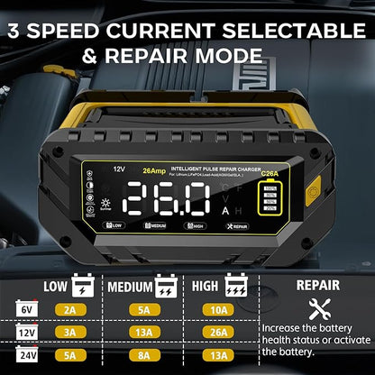 26-Amp Battery Charger, 6V/12V/24V Car Battery Charger & Maintainer, Trickle Charger for Lithium LiFePo4 Lead Acid (AGM/Gel/SLA..), Smart Deep Cycle Charger for Motorcycle Lawn Mower and Marine...