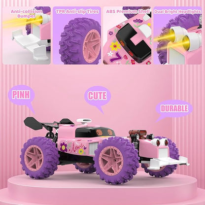 Pink Remote Control Car for Girls, RC Race Car Girl Toy with Colored Lighting Eyes, Rechargeable Battery, 2.4GHz RC Toy Vehicle for Kids, Birthday Christmas Toy Gifts.