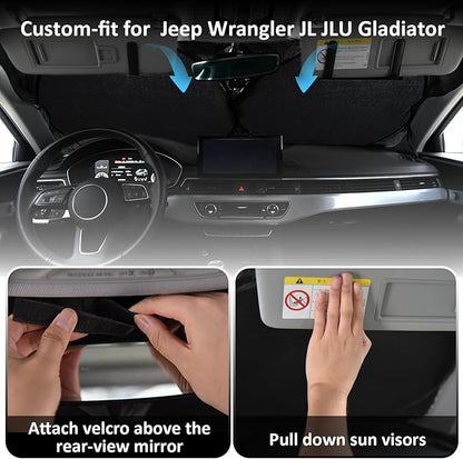 Sunshade Sun Shade for 2018-2024 2025 Jeep Wrangler JL JLu JK JKU Windshield Cover Custom Fit 2020-2025 2026 Jeep Gladiator Front Window Shields Protector 210T Reflective Blocks UV Rays Keep Cool
